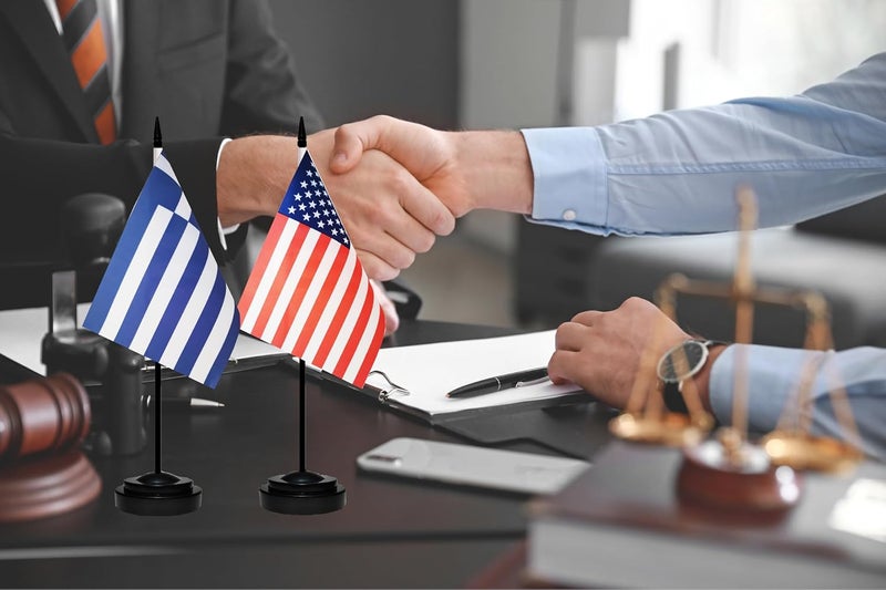 tibijoy USA American & Greece Greek Desk Flags, US Greece Office Table Flag, Small Mini Miniature Greek and US Desktop Flag With 13" Solid Black Pole, Black Base - Image 5